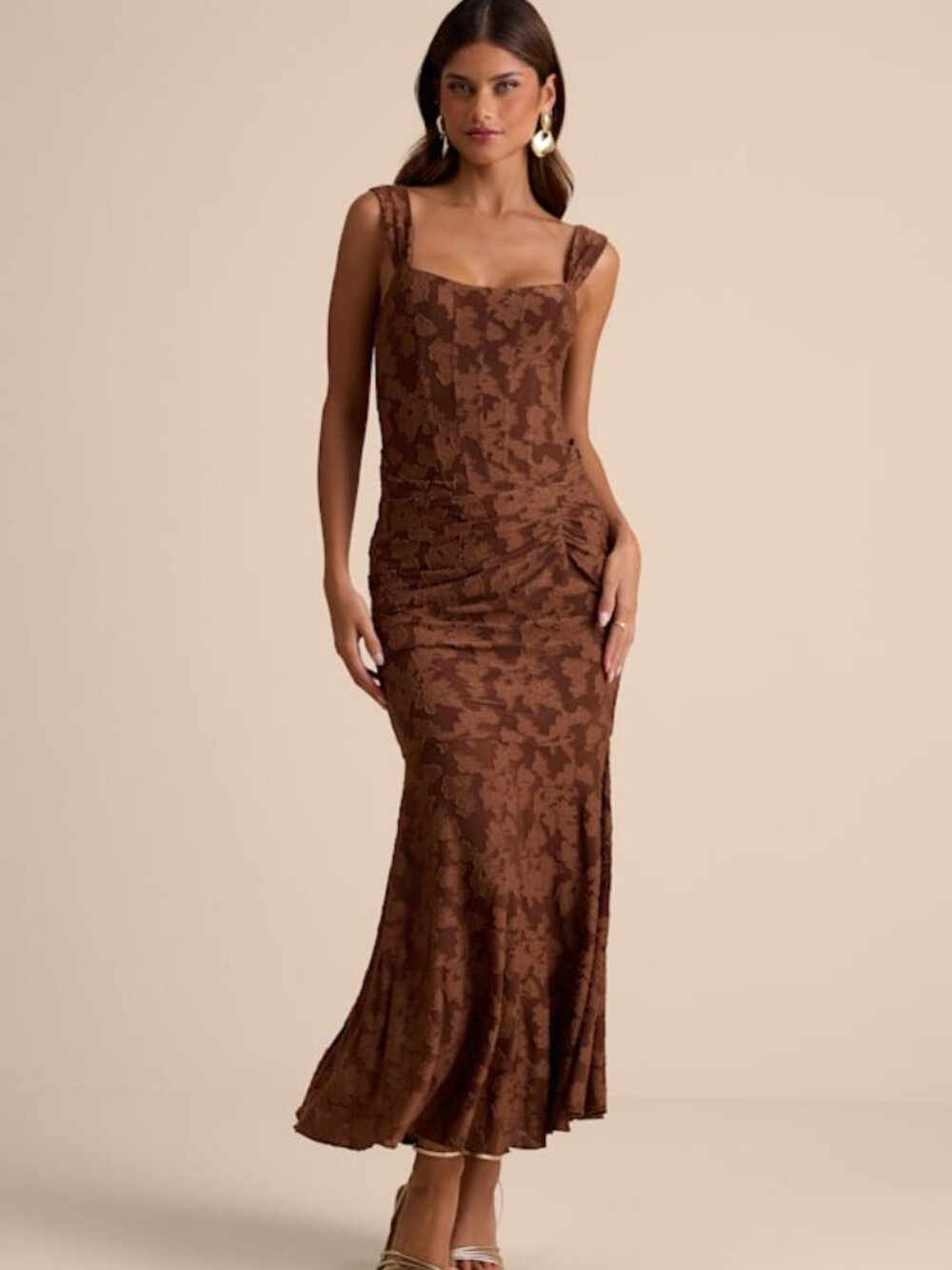 Lulus Celeste Brown Floral Burnout Bustier Maxi Dress - Size M